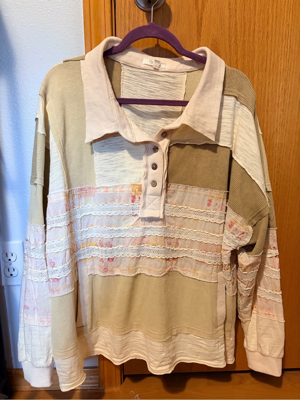 Oli & Hali Beige Patchwork Lace-Trim Polo Pullover
